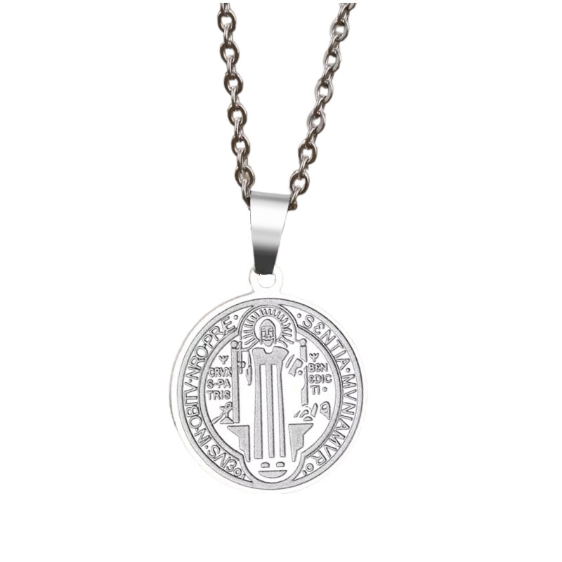 Collar Medalla San Benito Protector Acero Plateado
