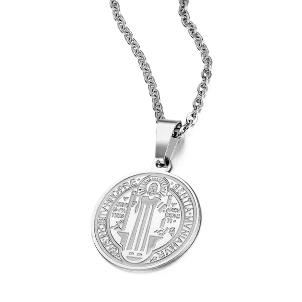 Collar Medalla San Benito Protector Acero Plateado - Imagen 6