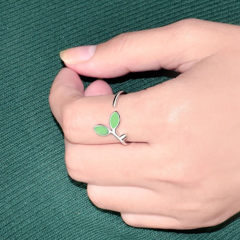 Anillo Doble Hoja Verde Plateado - Imagen 3