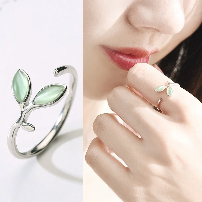 Anillo Doble Hoja Verde Plateado - Imagen 4