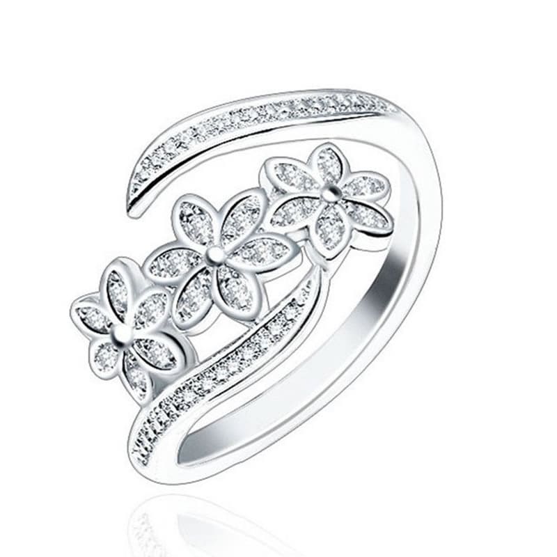 Anillo Tres Flores con Circones Plateado