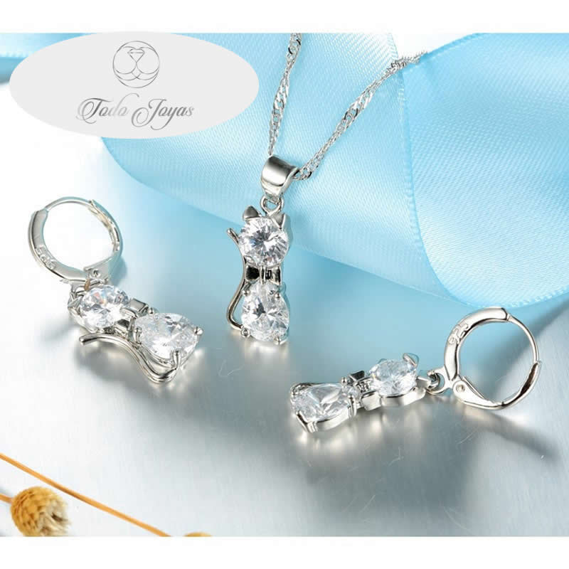 Conjunto Collar Aros Cristal Gato Plateado - Imagen 2