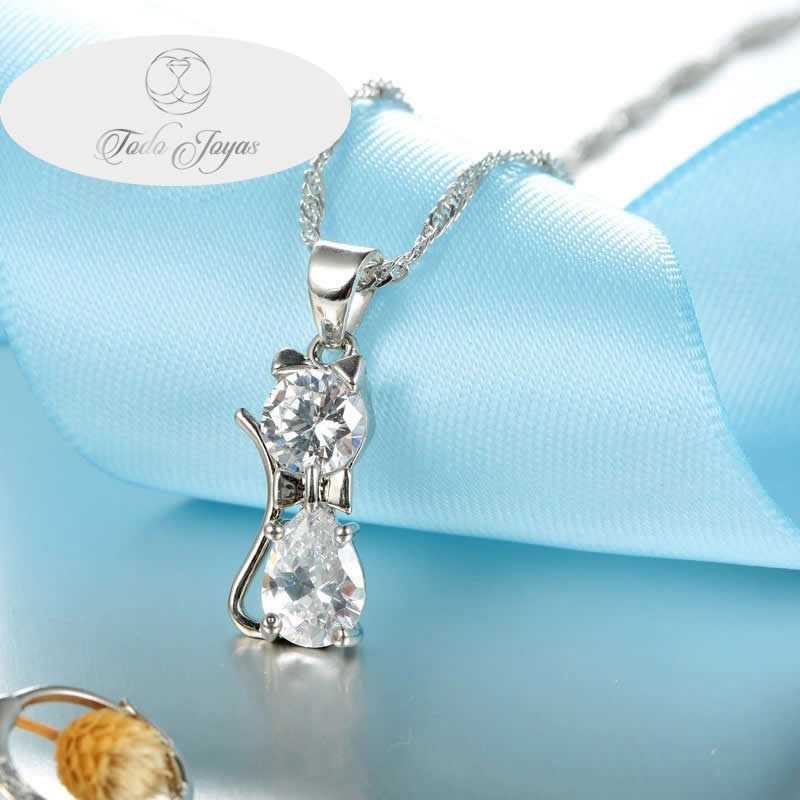 Conjunto Collar Aros Cristal Gato Plateado - Imagen 4