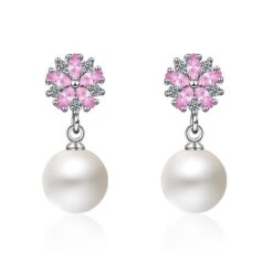 Aros Perla Con Circones Rosa Plateado
