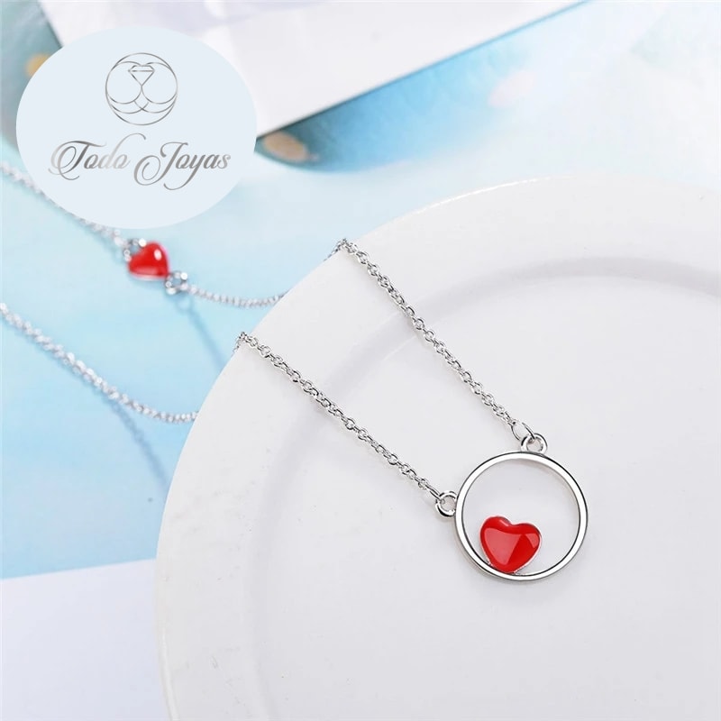 Collar Colgante Corazon Circulo Plateado - Imagen 5