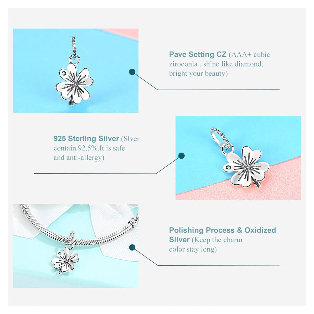 Charm Dije Plata 925 Trebol Plateado Circon - Imagen 6
