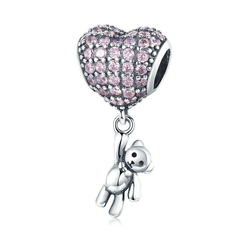 Charm Dije Plata 925 Oso Corazon Rosa