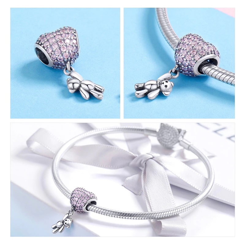 Charm Dije Plata 925 Oso Corazon Rosa - Imagen 3