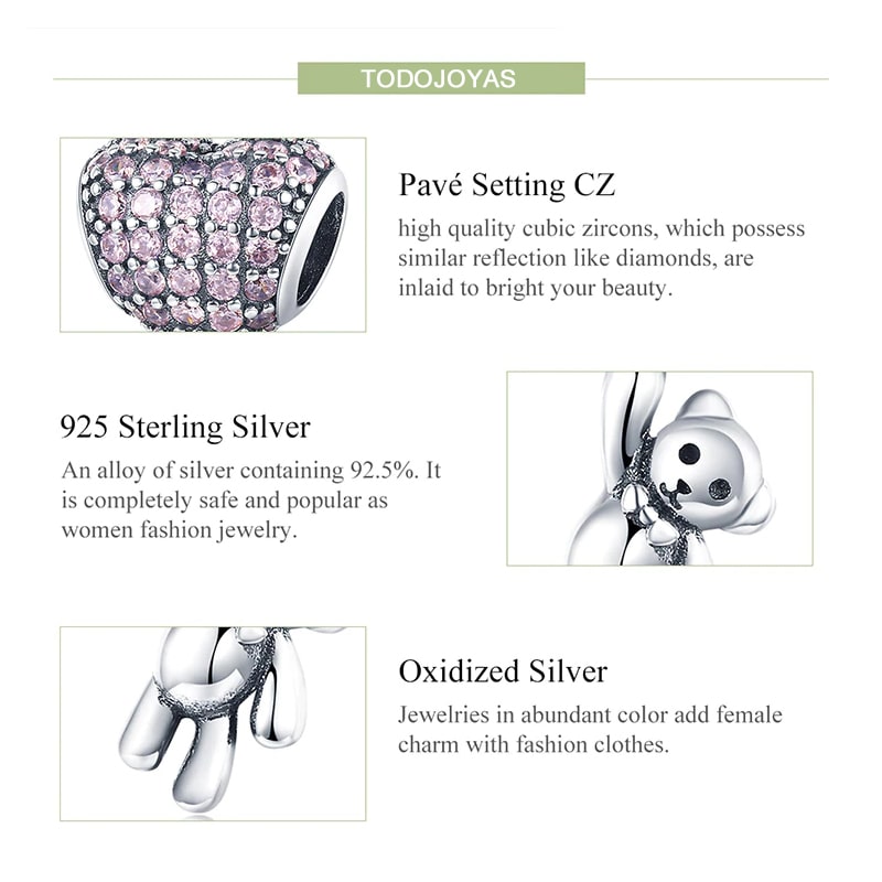 Charm Dije Plata 925 Oso Corazon Rosa - Imagen 5