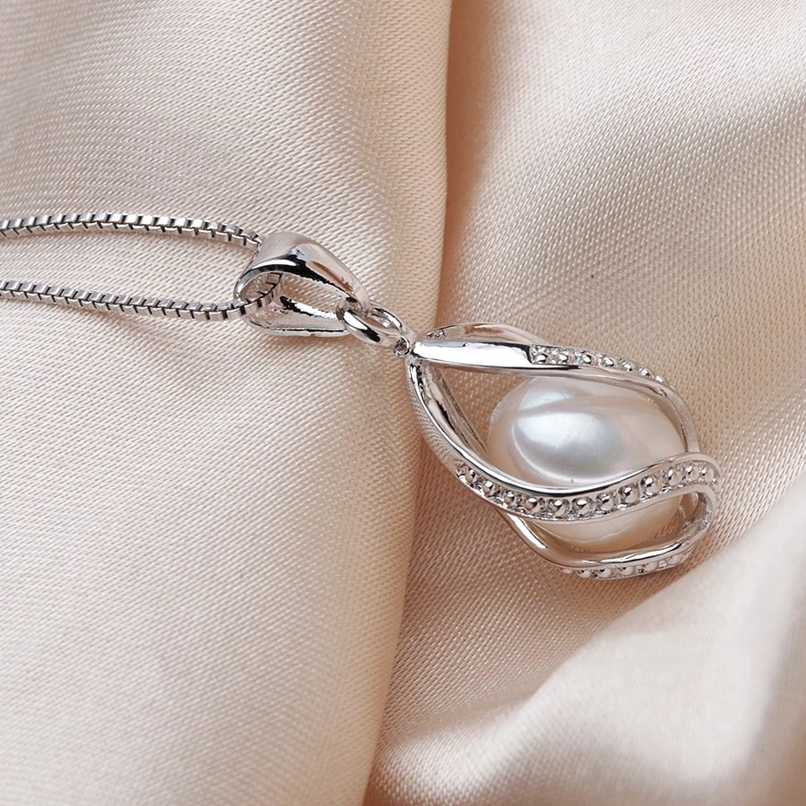 Collar Perla Blanca Gota Plateado - Imagen 3