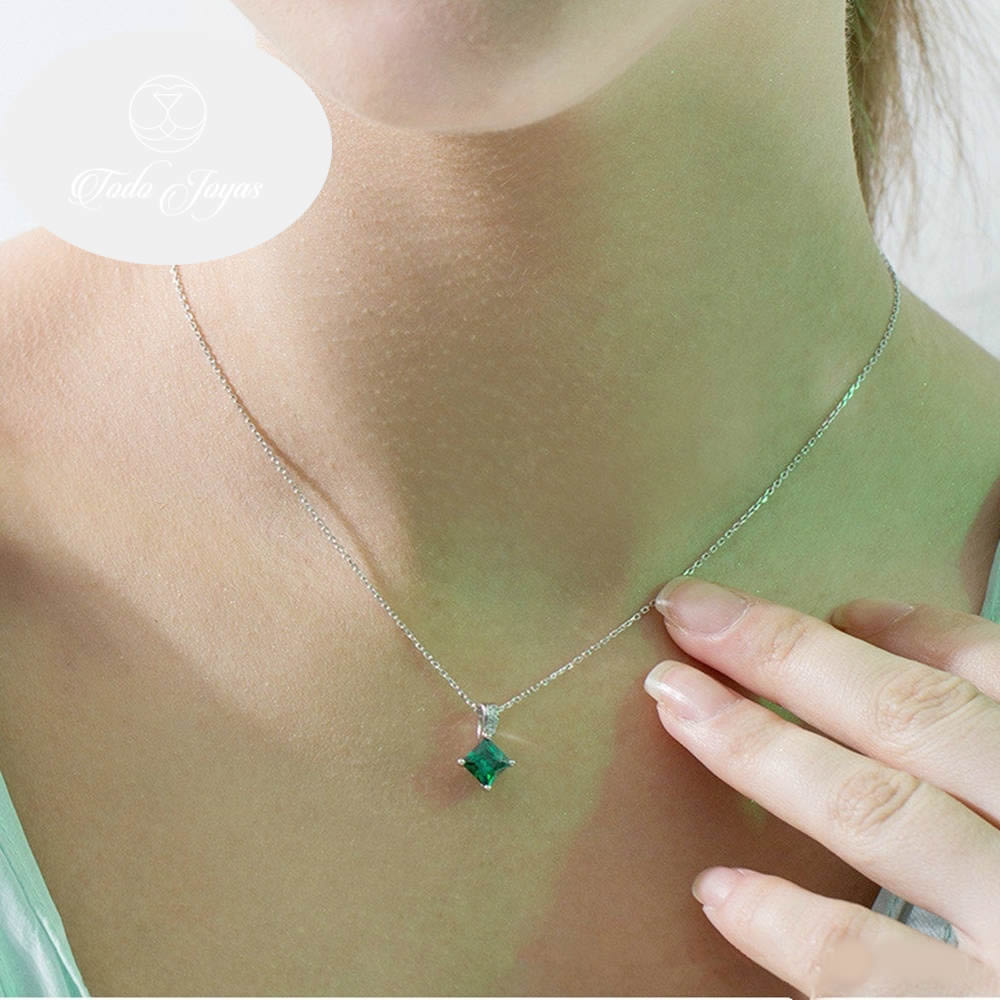 Collar Cristal Verde Cuadrado Plateado - Imagen 5