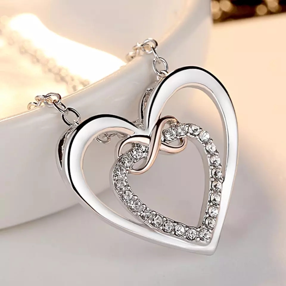 Collar Doble Corazon Infinito Plateado - Imagen 3