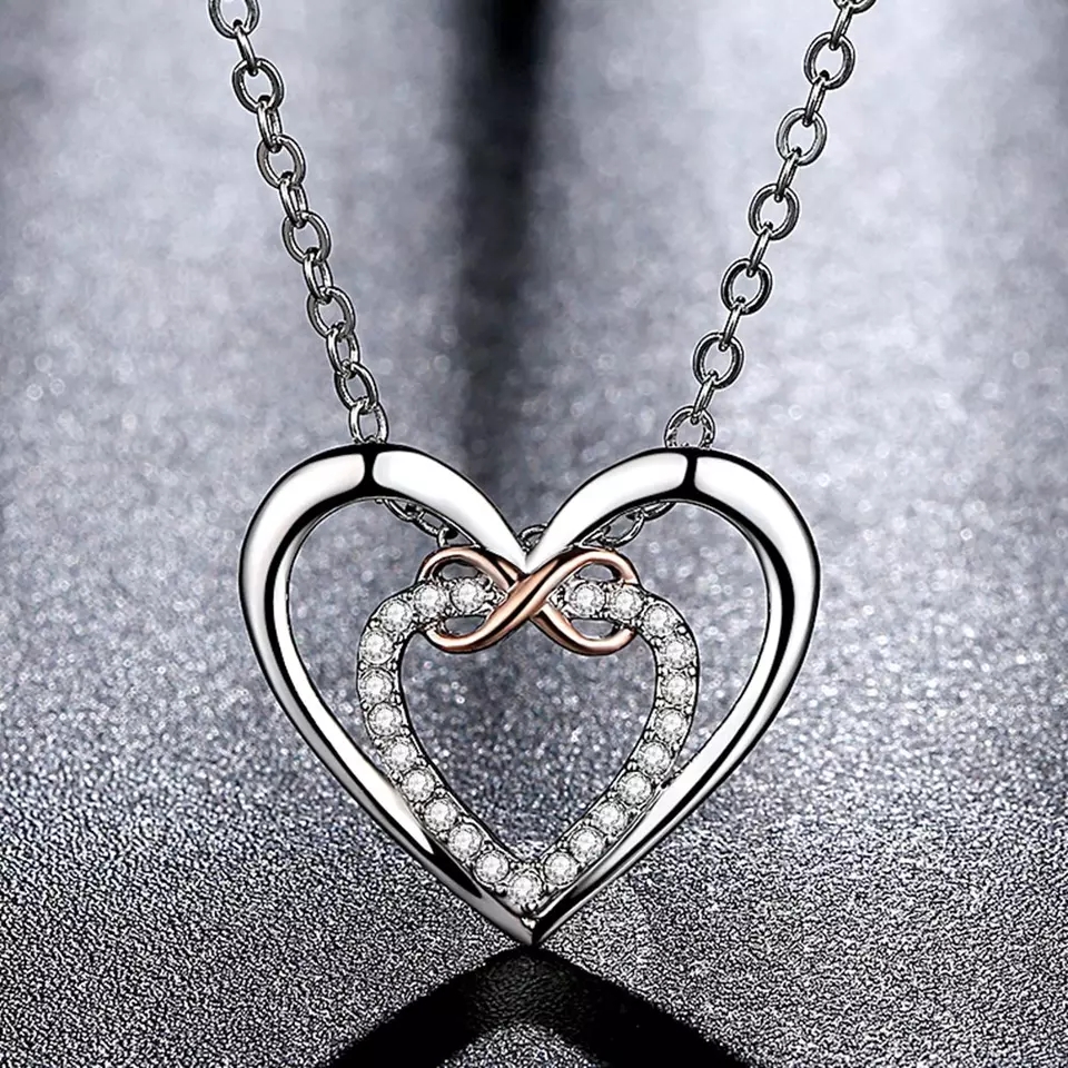 Collar Doble Corazon Infinito Plateado - Imagen 4