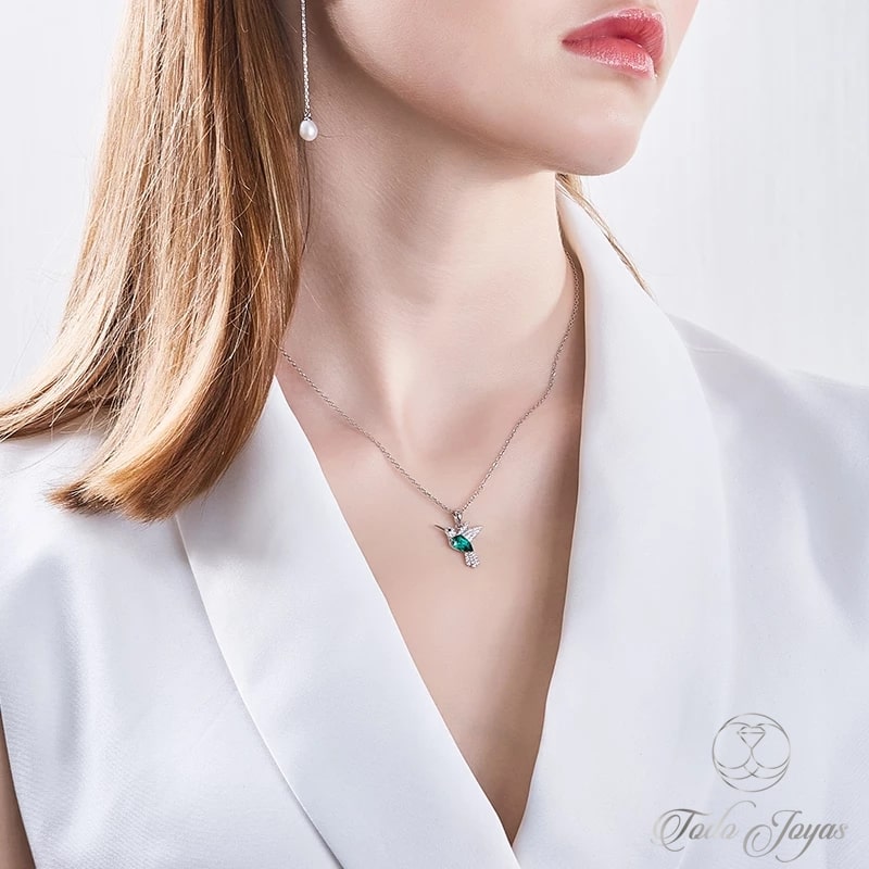 Collar Plata 925 Colibri Cristal Verde - Imagen 3