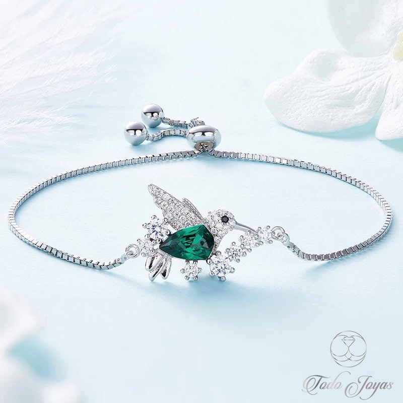 Pulsera Plata 925 Colibri Cristal Verde - Imagen 4