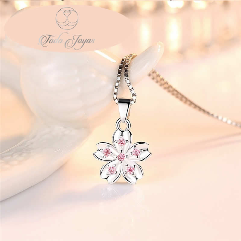 Collar Flor Rosada Plateado - Imagen 3