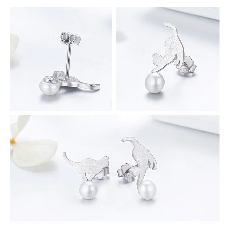 Aros Plata 925 Gatitos Perla - Imagen 3