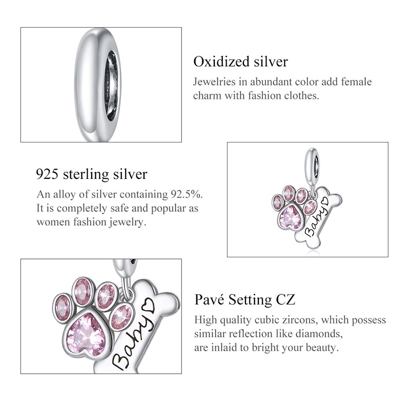 Charm Dije Plata 925 Hueso Patita Rosada - Imagen 2