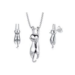 Conjunto Collar y Aros Gatitos Colgantes Plateado
