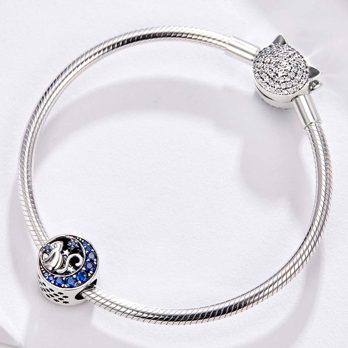 Charm Dije Plata 925 Gato en Luna Azul - Imagen 2