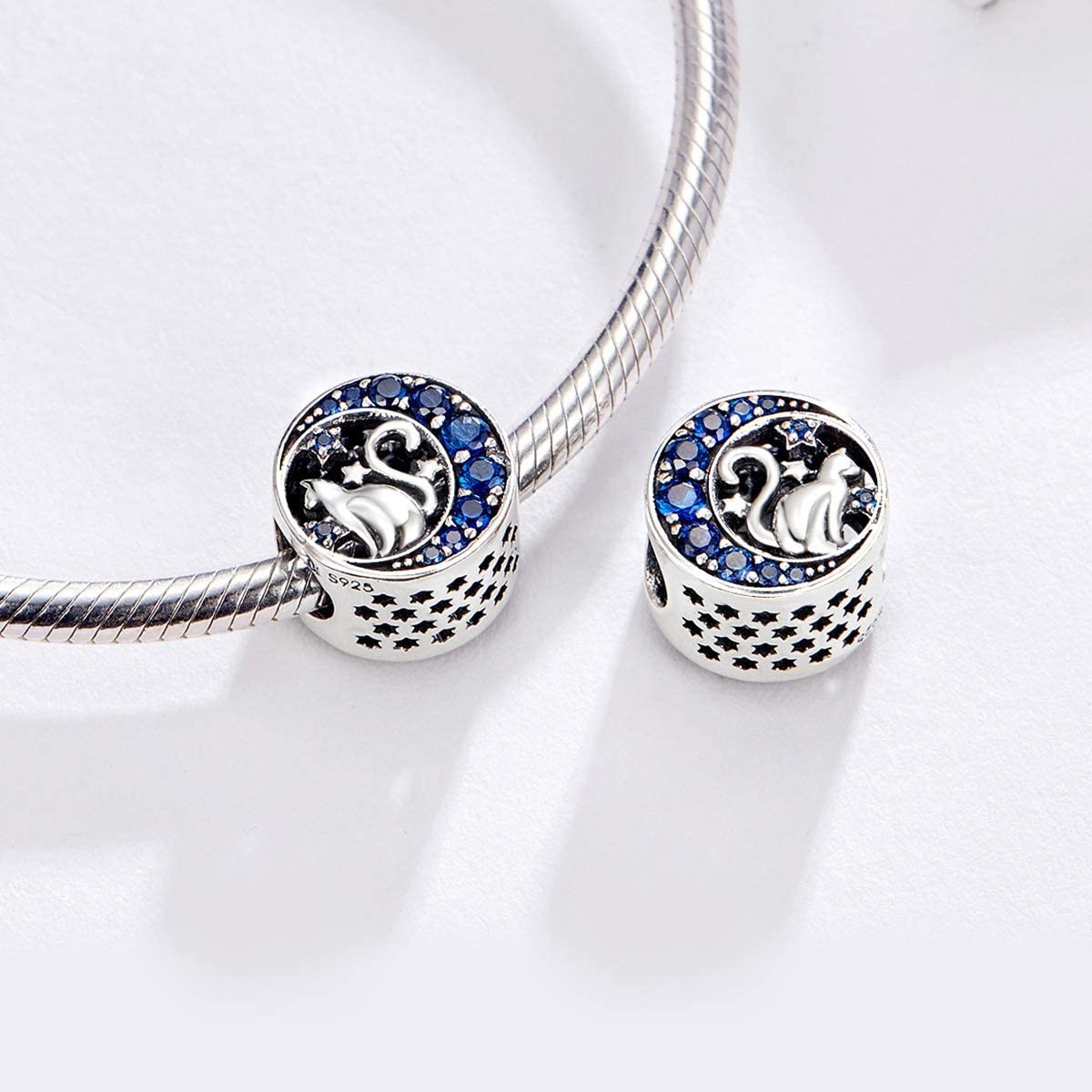 Charm Dije Plata 925 Gato en Luna Azul - Imagen 3