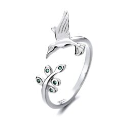 Anillo Colibri Picaflor Hojas Ajustable Plateado