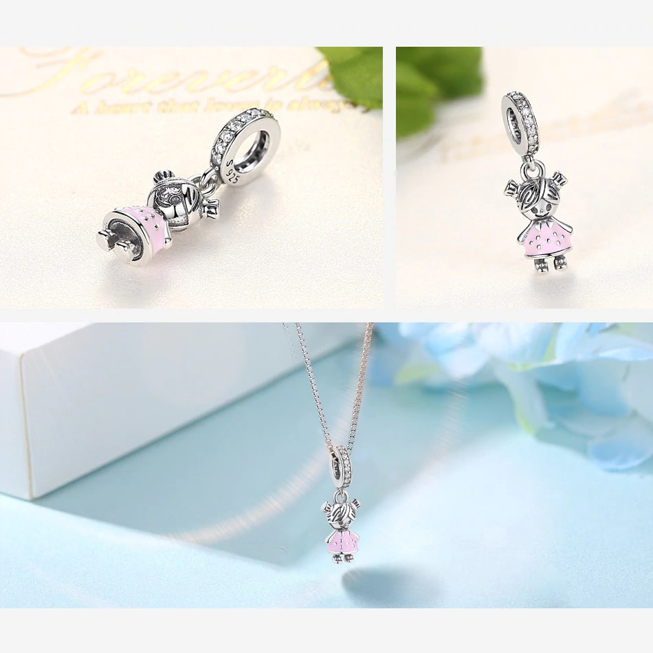 Charm Dije Plata 925 Niña Hija Rosa - Imagen 2