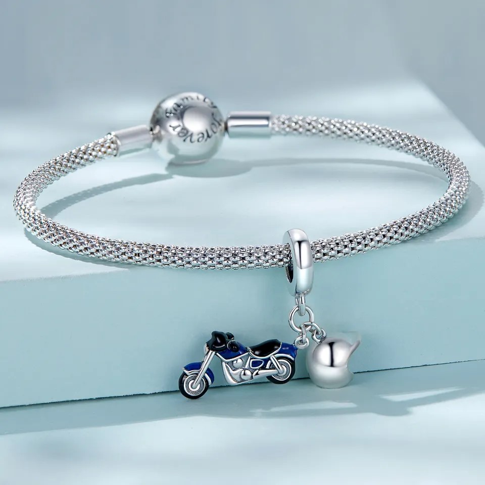 Charm Dije Plata 925 Moto Azul y Casco - Imagen 2