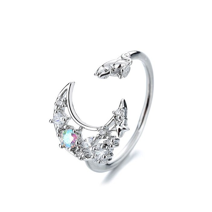Anillo Forma de Luna y Gato Plateado