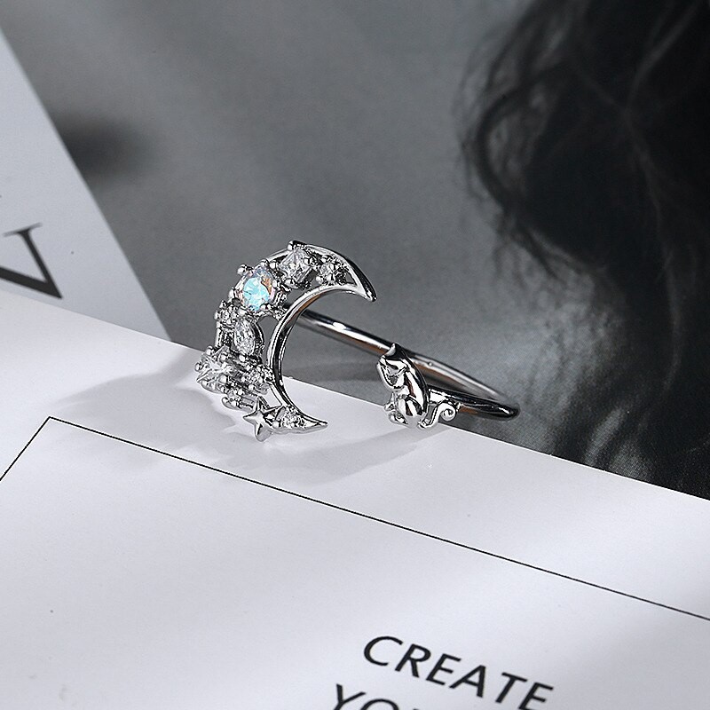Anillo Forma de Luna y Gato Plateado - Imagen 5