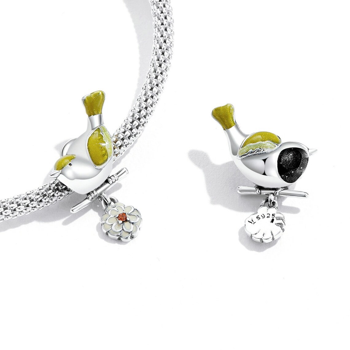 Charm Dije Plata 925 Pajaro Ave Amarillo en Flor - Imagen 2