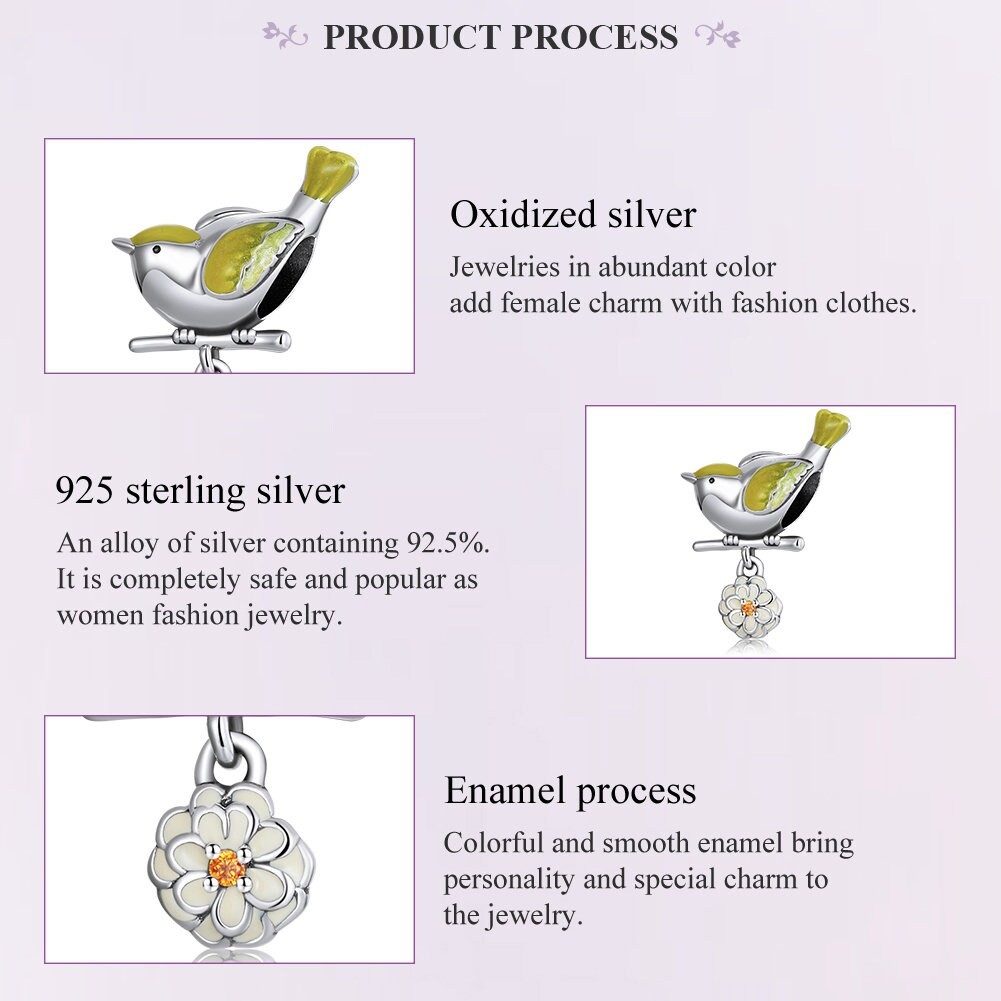 Charm Dije Plata 925 Pajaro Ave Amarillo en Flor - Imagen 5