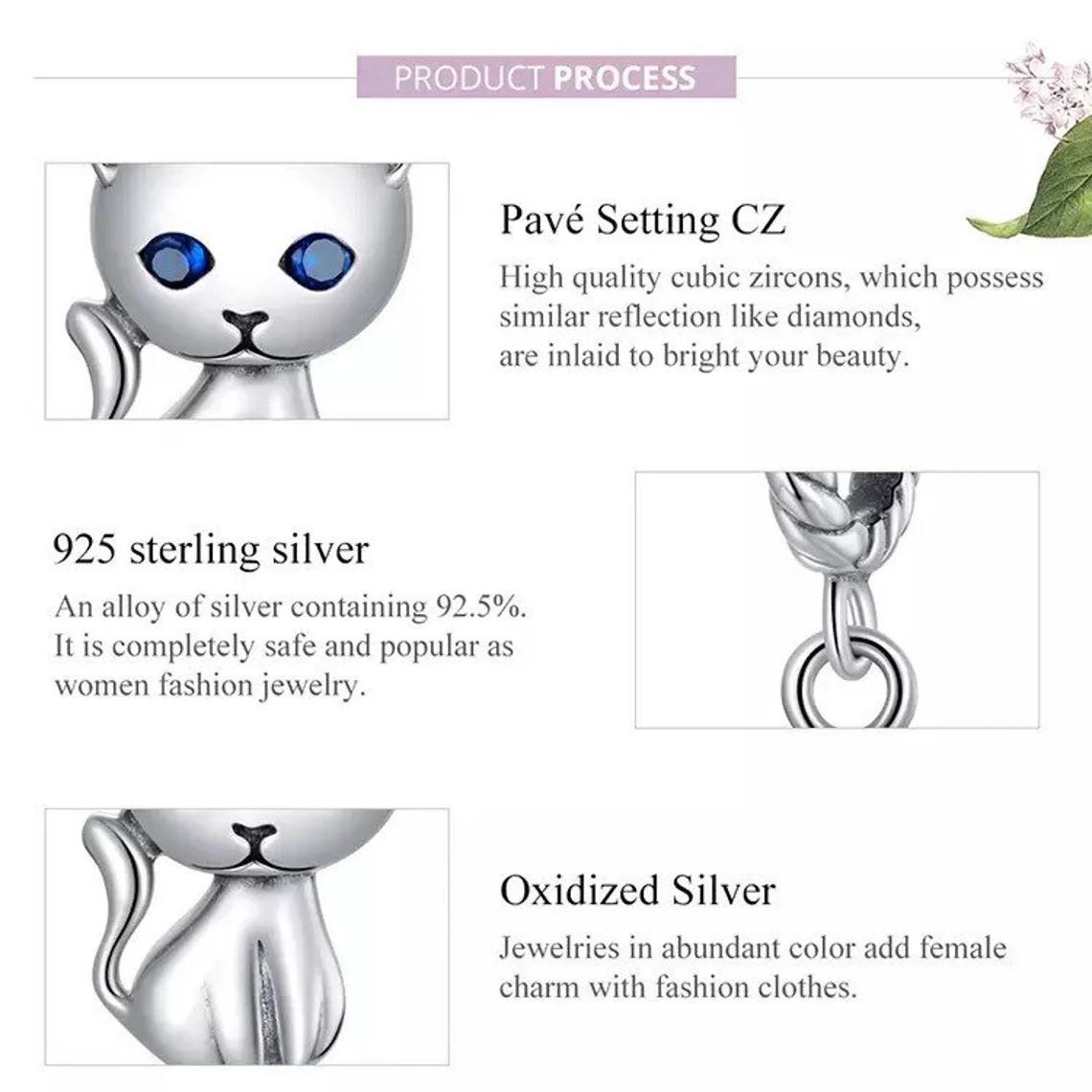 Charm Dije Plata 925 Gatito Ojos Azules - Imagen 5