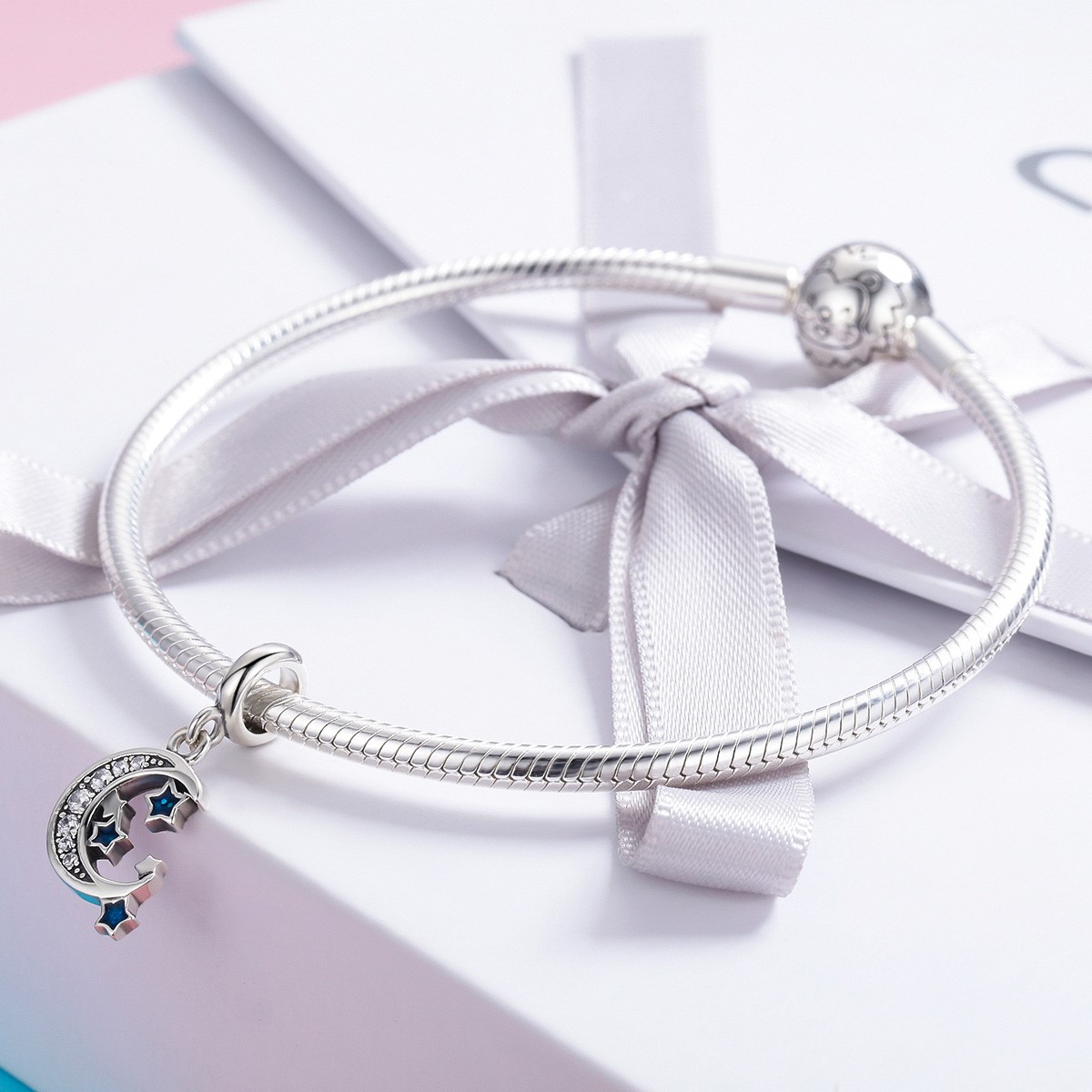 Charm Dije Plata 925 Luna y Estrellas Azul - Imagen 2