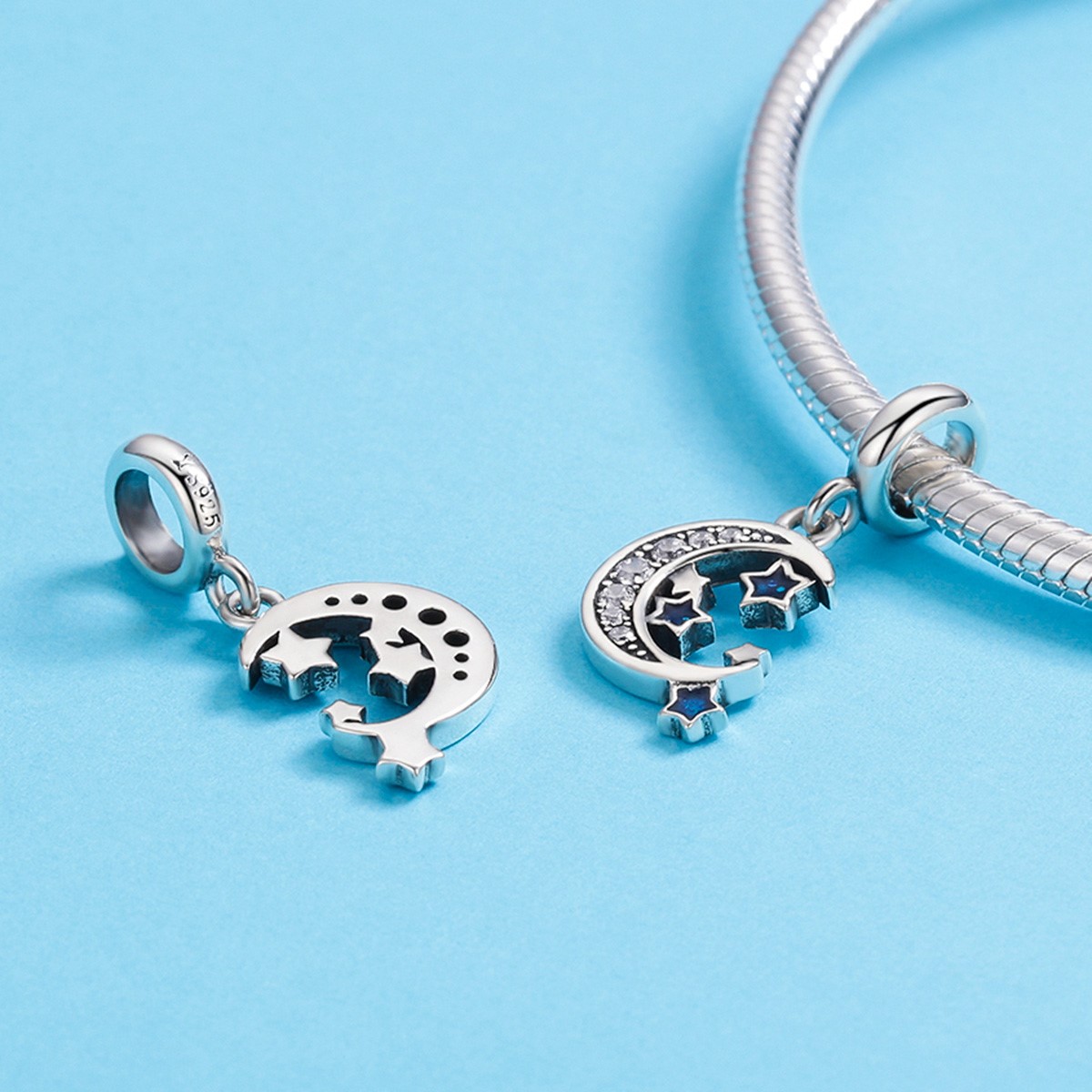 Charm Dije Plata 925 Luna y Estrellas Azul - Imagen 3