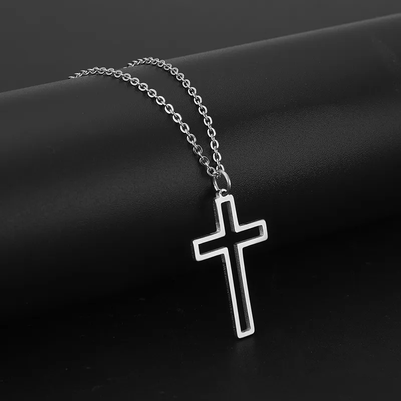 Colgante Collar Cruz Biselada Acero Plateado - Imagen 3