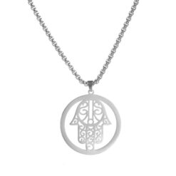 Colgante Collar Mano de Fatima Hamsa Acero Plateado