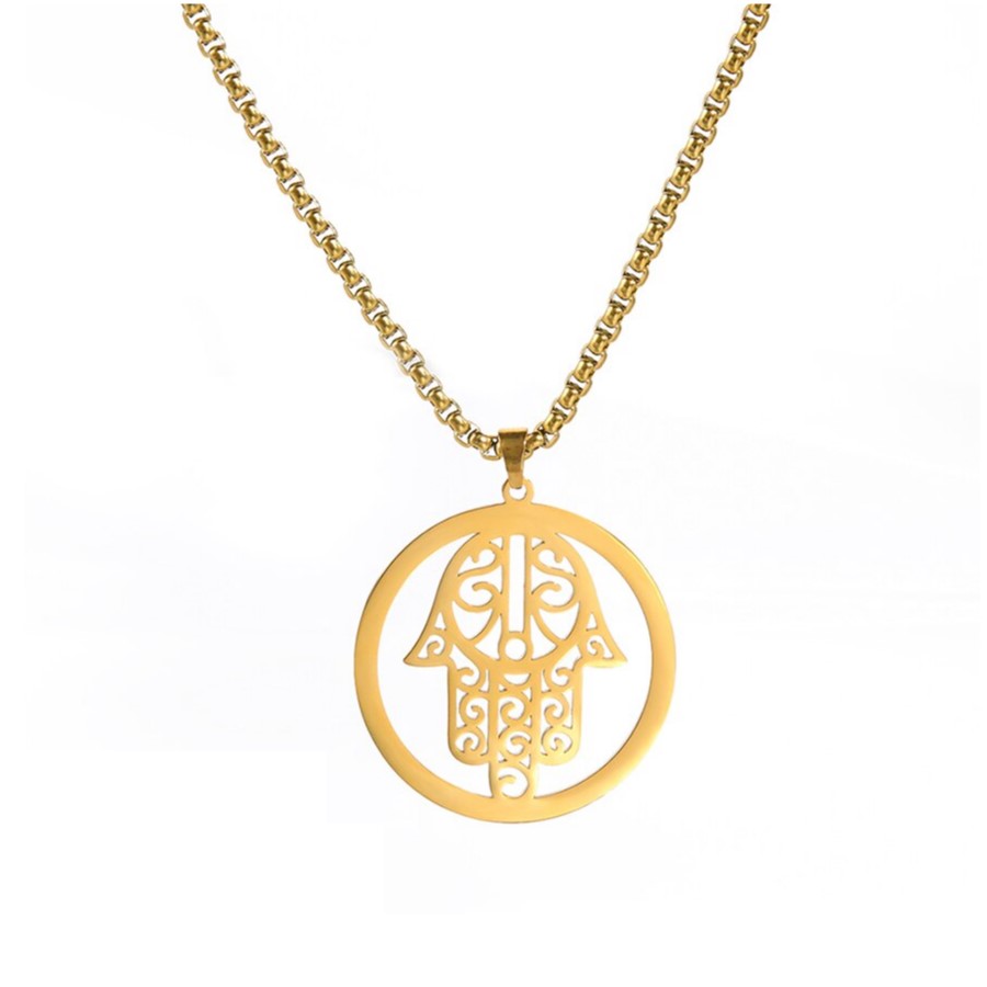 Colgante Collar Mano de Fatima Hamsa Acero Dorado
