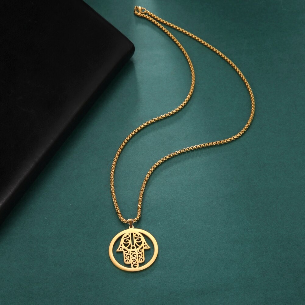 Colgante Collar Mano de Fatima Hamsa Acero Dorado - Imagen 2