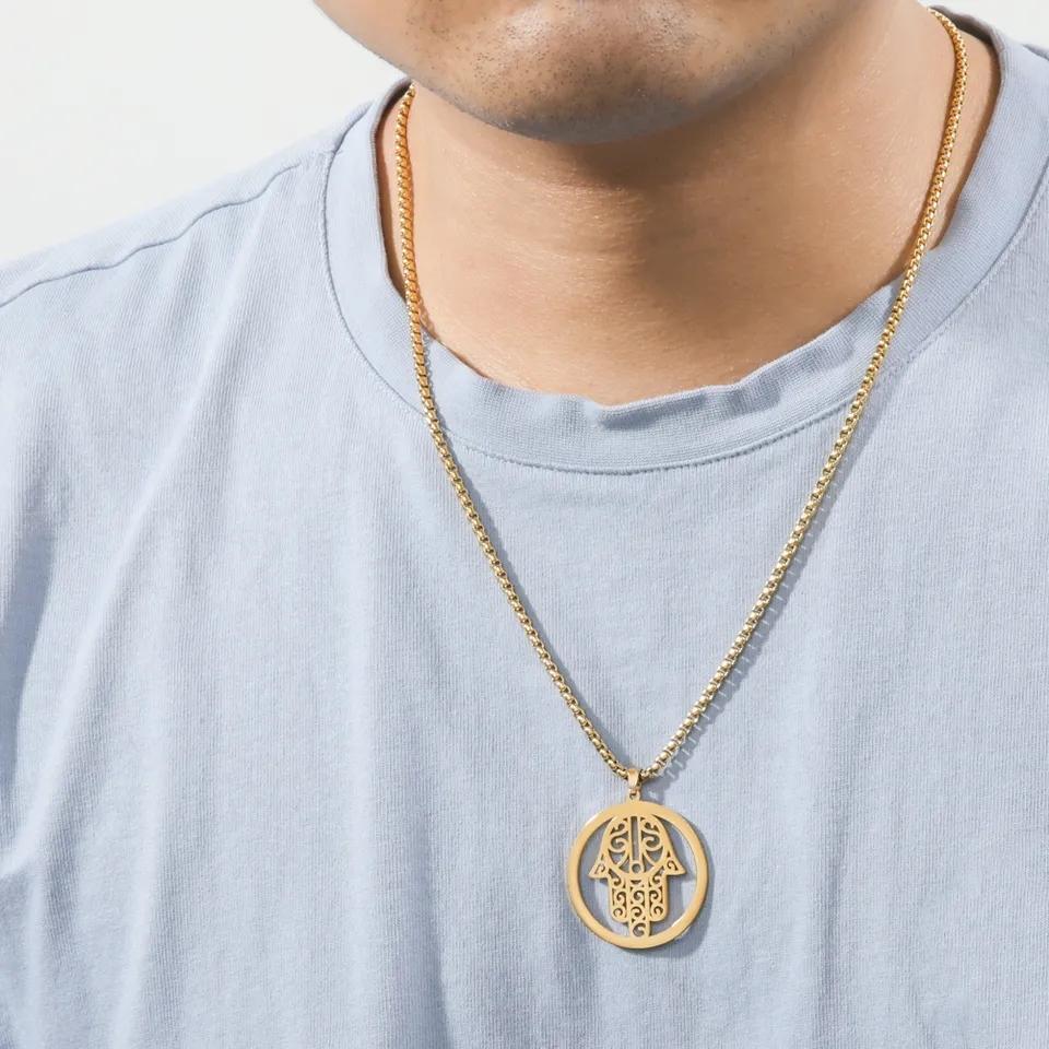 Colgante Collar Mano de Fatima Hamsa Acero Dorado - Imagen 3