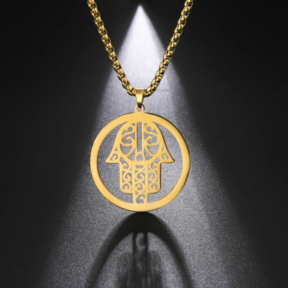 Colgante Collar Mano de Fatima Hamsa Acero Dorado - Imagen 5