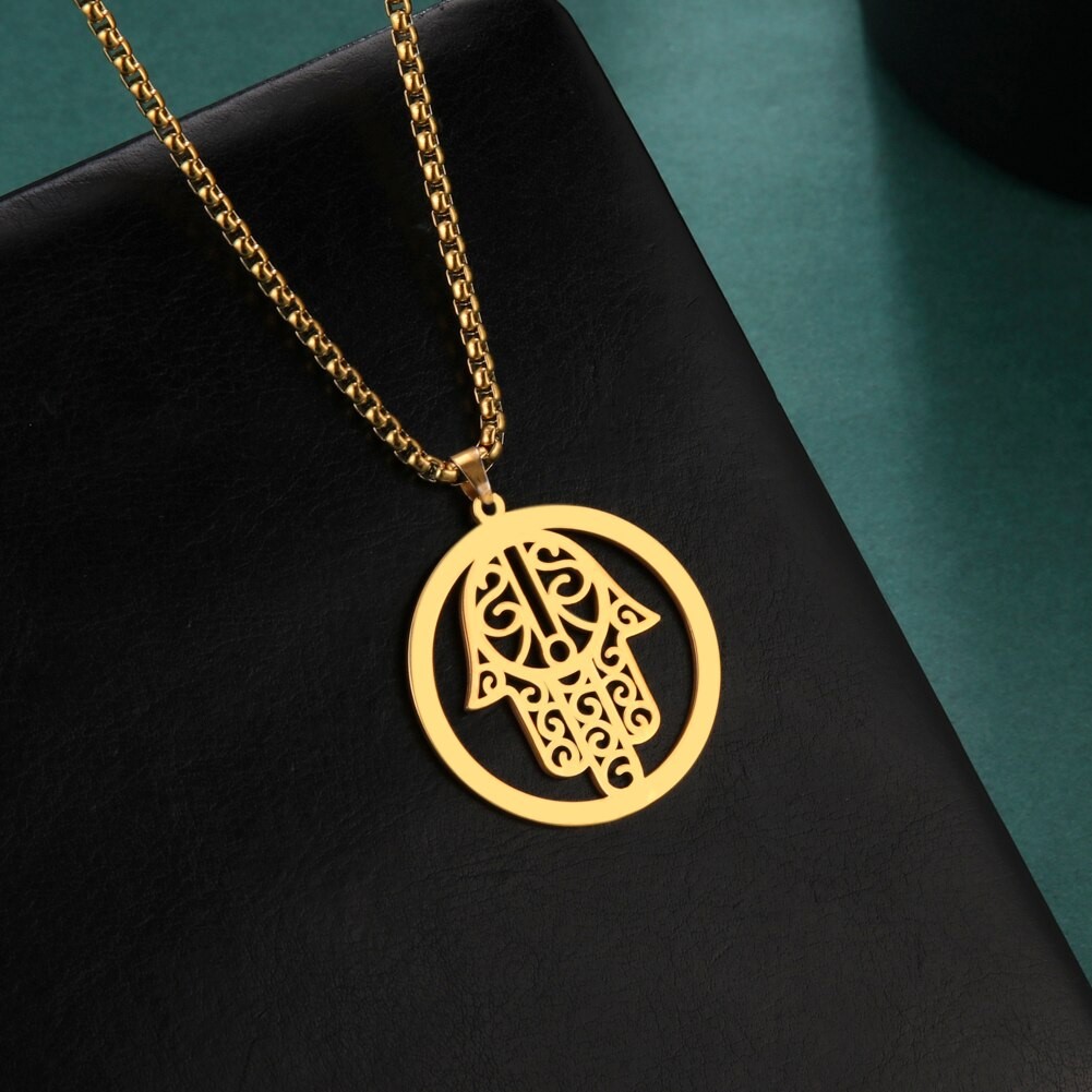 Colgante Collar Mano de Fatima Hamsa Acero Dorado - Imagen 6