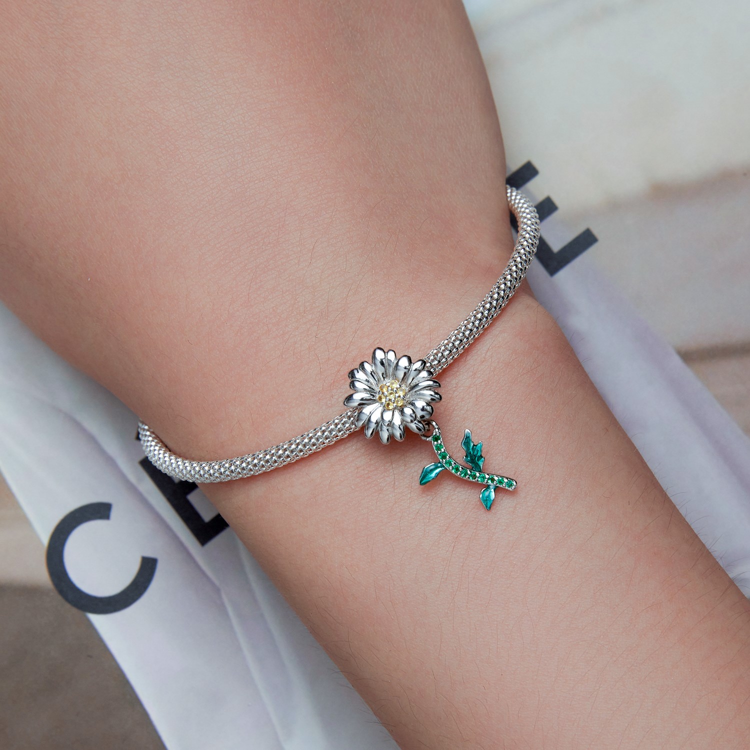 Charm Dije Plata 925 Margarita Daisy Flower - Imagen 2