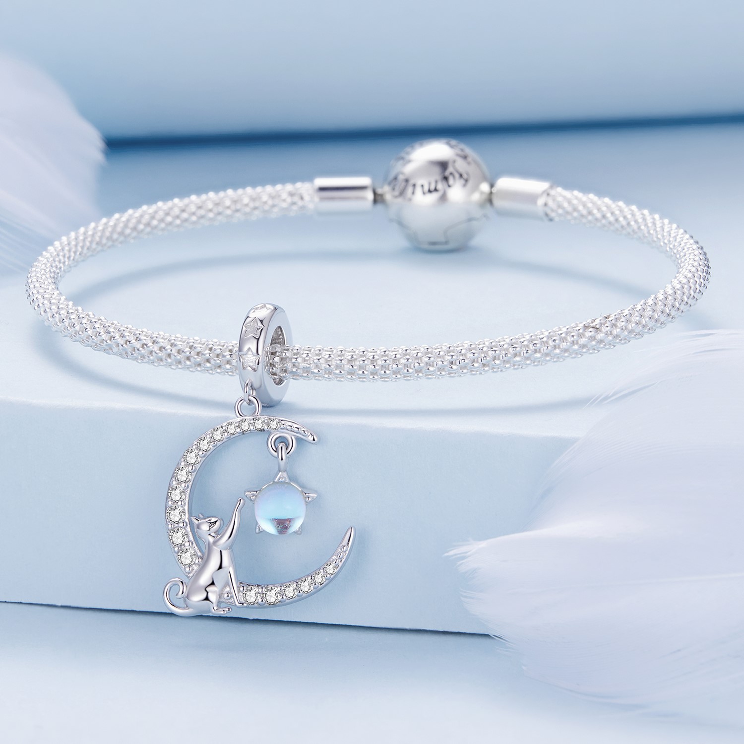 Charm Dije Plata 925 Gato en Luna y Estrella - Imagen 2