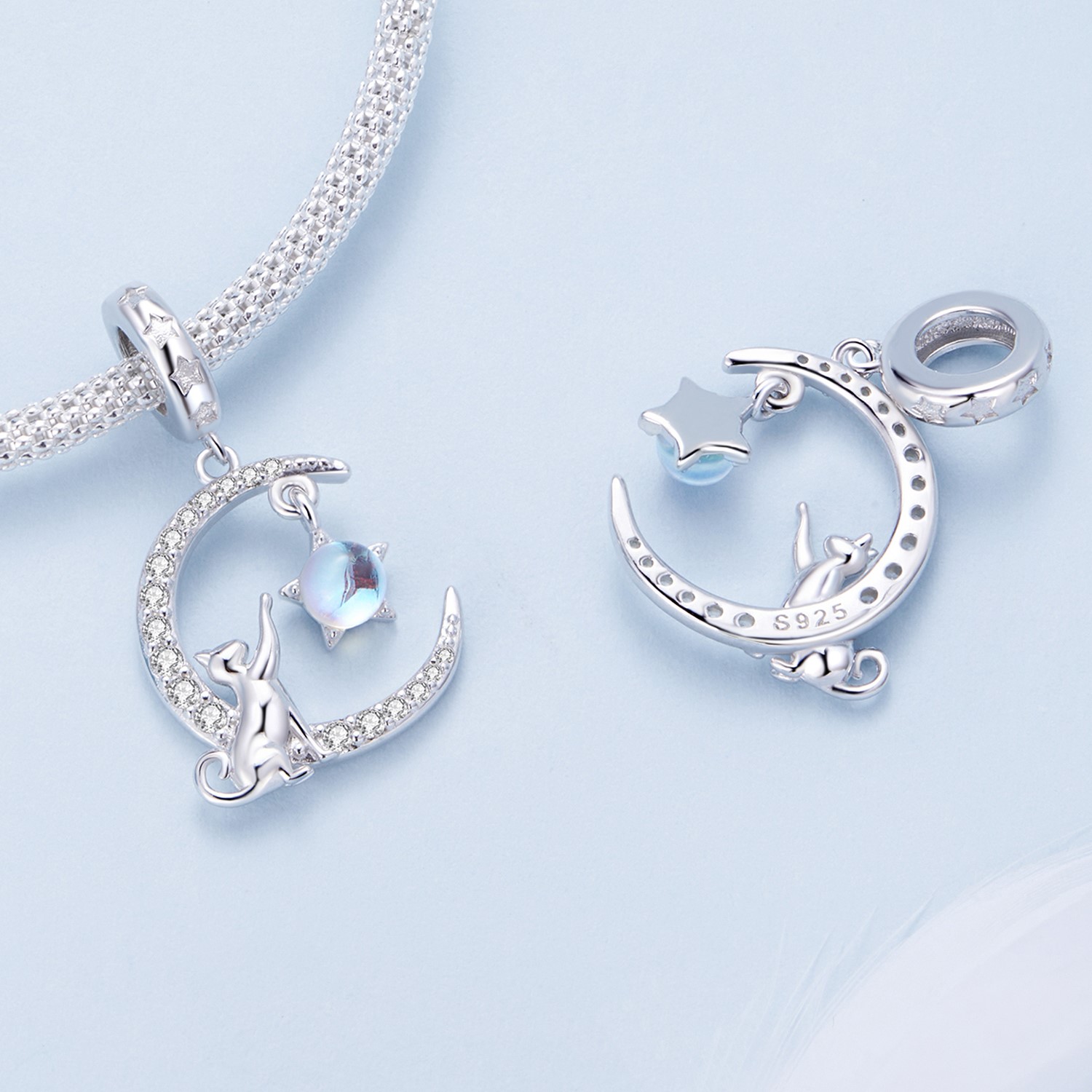 Charm Dije Plata 925 Gato en Luna y Estrella - Imagen 3