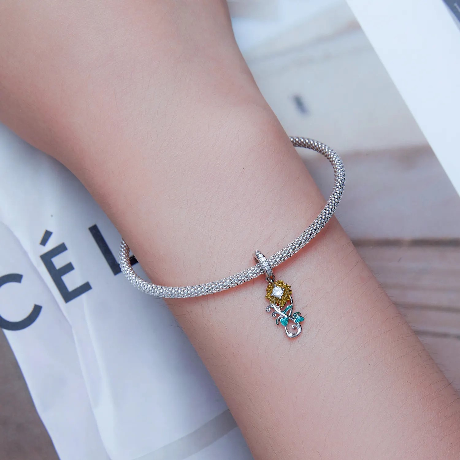 Charm Dije Plata 925 Flor Girasol Infinito - Imagen 2