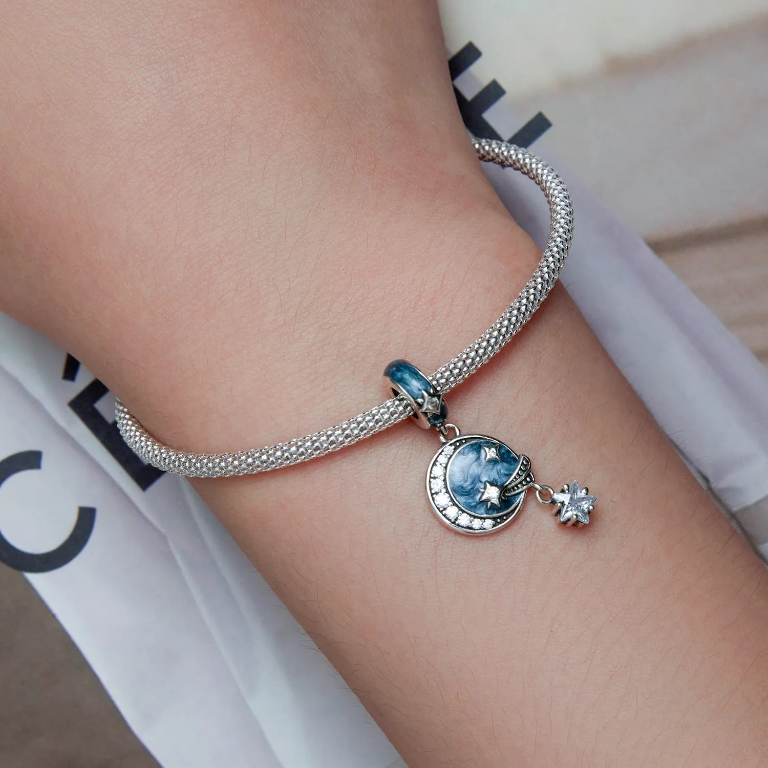 Charm Dije Plata 925 Luna Galaxia Estrellada Azul - Imagen 2