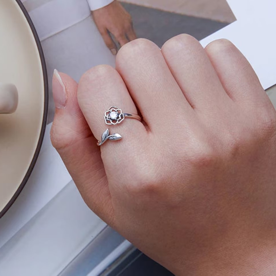 Anillo Plata 925 Flor Camelia Circon - Imagen 2