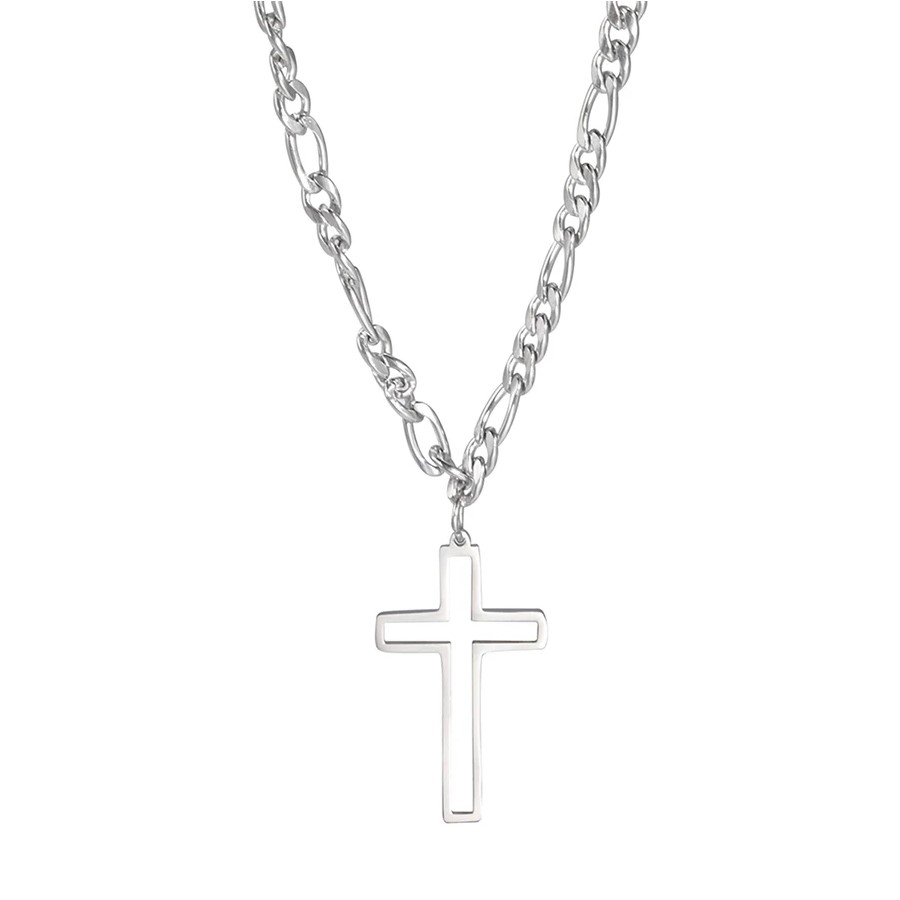 Colgante Collar Cruz Biselada Fígaro Acero Plateado