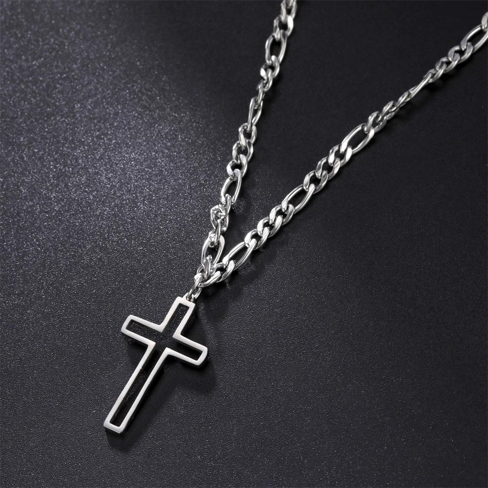 Colgante Collar Cruz Biselada Fígaro Acero Plateado - Imagen 3